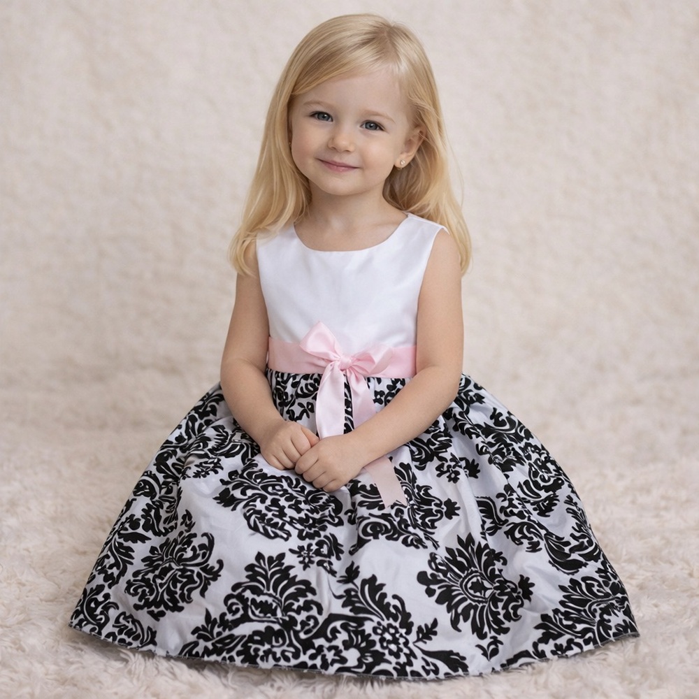 Girls White‎ Satin Black Velvet Flock Pink Ribbon Dress With Petticoat Size 4